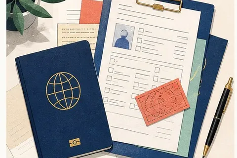 Паспорт, анкета и документы для визы на столе
